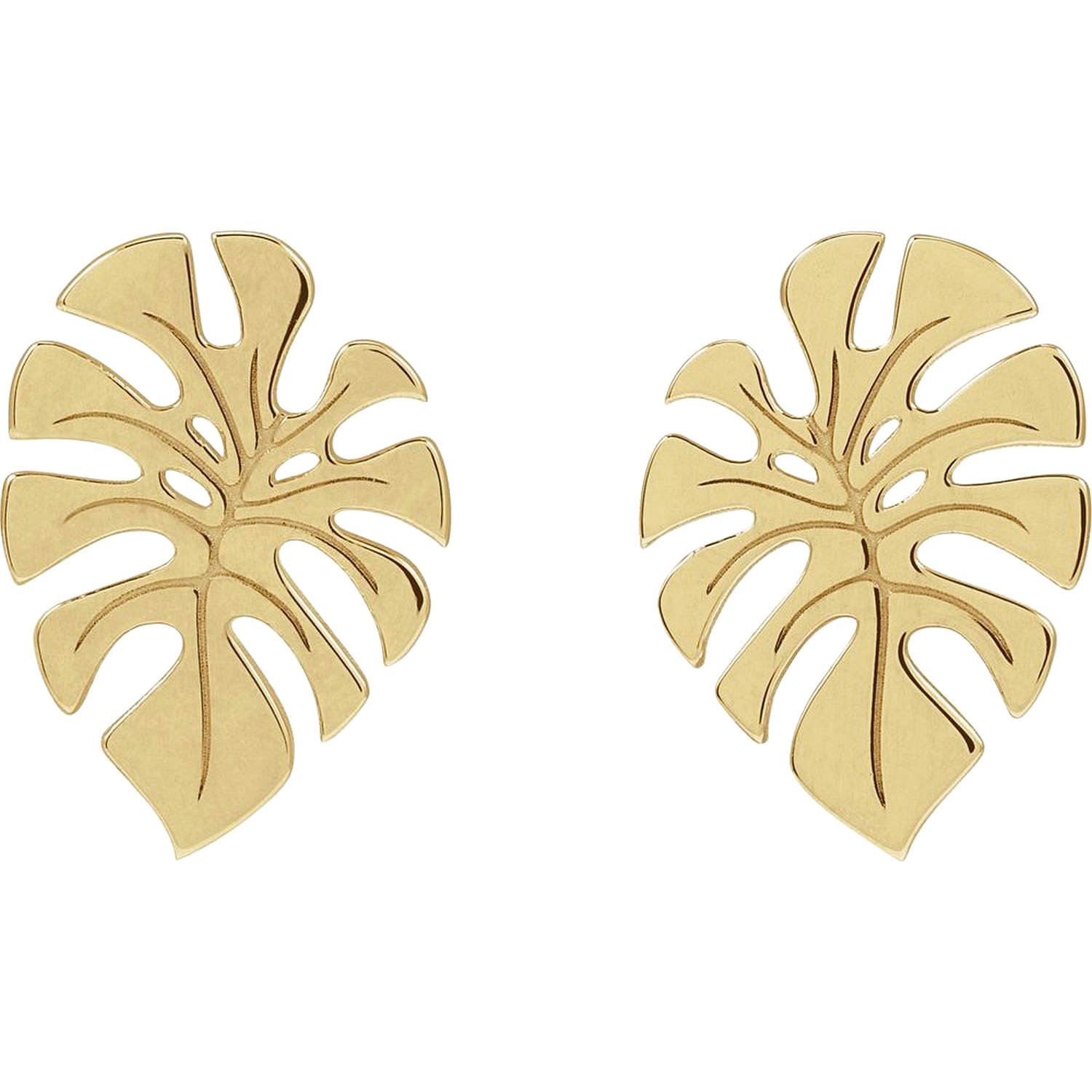 14K Gold Monstera Leaf Stud Earrings