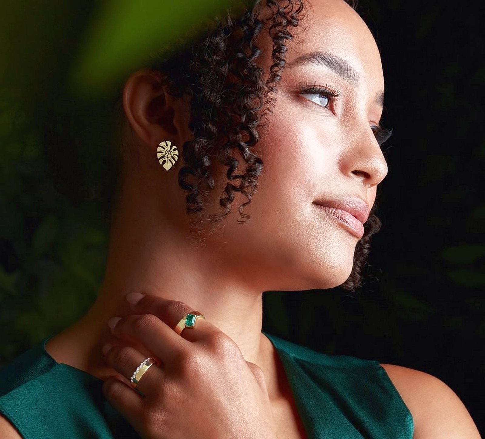 Model Wearing 14K Gold Monstera Leaf Stud Earrings